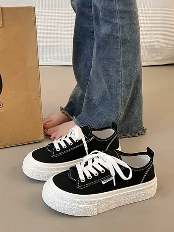 原创小众设计经典小黑鞋女2024年夏季新款百搭韩版帆布鞋厚底板鞋商品大图