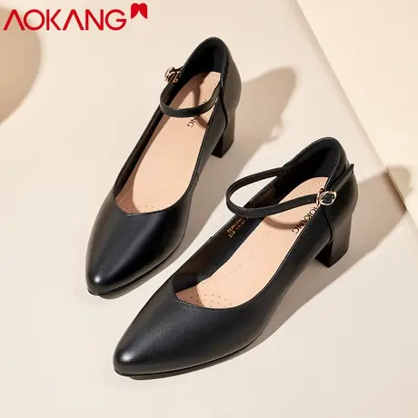 奥康女鞋春季新款百搭浅口工作鞋一字扣玛丽珍鞋舒适粗跟真皮单鞋商品大图