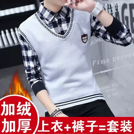 冬季保暖内衣男加绒加厚青年假两件翻领可外穿防寒秋衣秋裤男套装商品大图