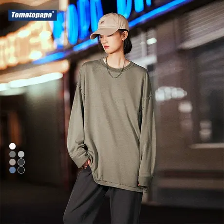 TOMATOPAPA秋季原创宽松长袖T恤复古休闲慵懒纯色洗水圆领上衣商品大图