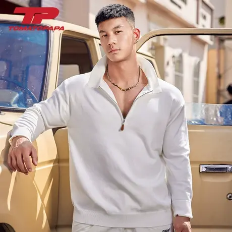 TOMATOPAPA拉链POLO毛衣秋长袖翻领针织衫宽松弹力打底体恤潮上衣商品大图