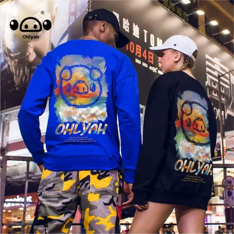 国潮春秋新款彩色油画小猪圆领卫衣女潮宽松大码潮牌纯棉情侣装商品大图