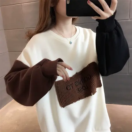 2023秋冬新款休闲宽松套头上衣拼色卫衣女士百搭个性文艺复古加绒商品大图