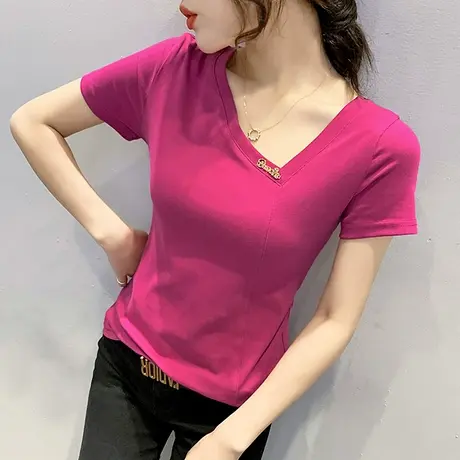 性感V领T恤女短袖2023夏装新款时尚洋气上衣显瘦百搭纯棉半袖小衫商品大图