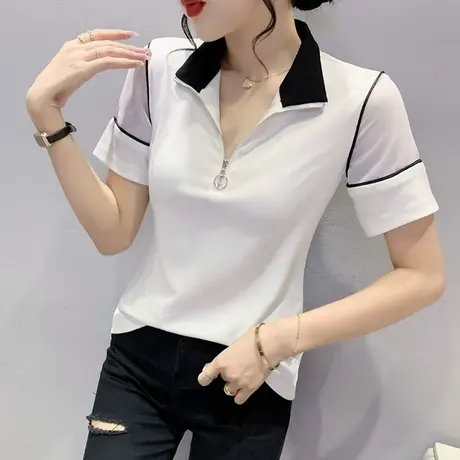 polo领T恤女ins潮2023夏季新款拼色拉链短袖上衣时尚洋气百搭小衫商品大图