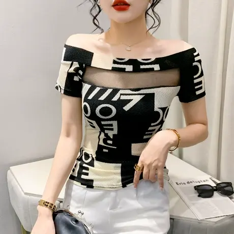 2023夏装新款性感露肩T恤女短袖洋气一字领上衣紧身网纱印花小衫商品大图