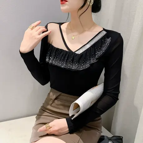 2023秋装新款荷叶边网纱打底衫女长袖性感V领修身上衣气质烫钻T恤商品大图