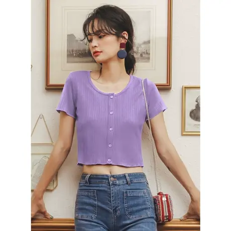 弥古紫色t恤女短袖宽松薄款香芋紫锁骨上衣短款黑色高露脐针织夏商品大图