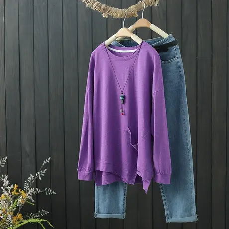 春秋季新款破洞开叉圆领上衣竹节棉长袖白色t恤女宽松内搭打底衫图片