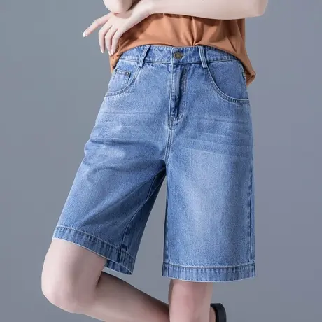 牛仔五分裤女夏薄款阔腿高腰宽松四分直筒中裤大码a字夏季5分短裤图片