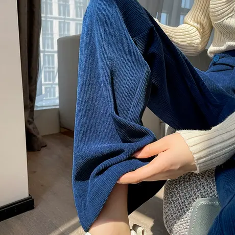 雾霾蓝灯芯绒阔腿裤女2023年春秋新款高腰直筒宽松显瘦休闲拖地裤图片