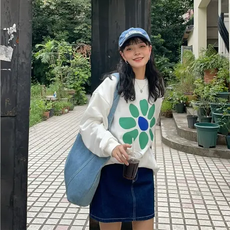 红续春秋装新款韩版设计感小众花宽松盐系少女慵懒风薄款套头卫衣图片