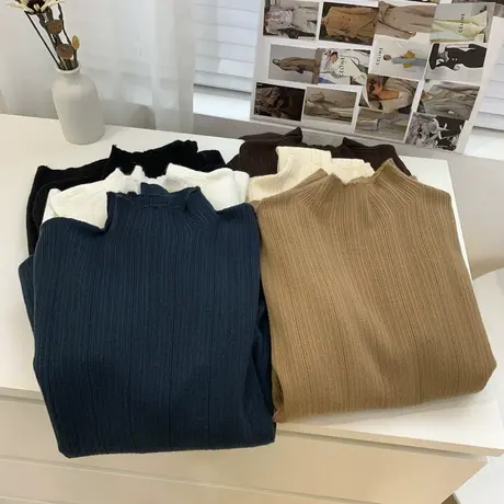 弹力修身显瘦百搭细坑条针织衫女22冬季内搭温柔木耳边毛衣打底衫图片