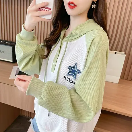 早秋连帽卫衣女春秋季韩版宽松大码薄款小个子百搭短款华夫格外套商品大图