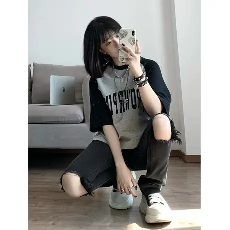 纯棉插肩撞色设计感短袖t恤女夏季宽松小众美式复古港味chic上衣图片