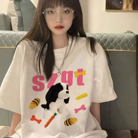 纯棉重磅白色短袖t恤女小众设计感夏季美式复古宽松半袖上衣潮牌商品大图