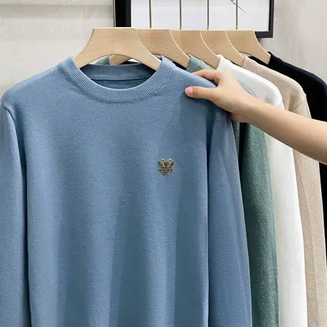 纯色毛衣男秋冬季保暖线衣轻奢蜜蜂内搭圆领针织打底衫男长袖潮流商品大图