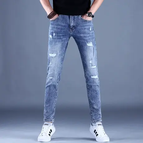 男士破洞加绒牛仔裤男款秋冬款潮流高端潮牌修身小脚休闲新款裤子商品大图