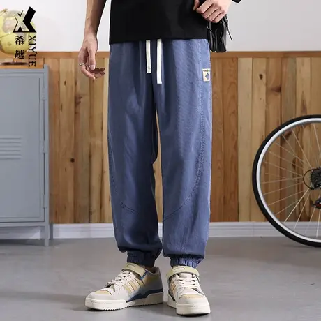 希越秋冬加厚休闲裤男秋季速干拼接九分裤宽松加大加胖束脚裤男裤商品大图