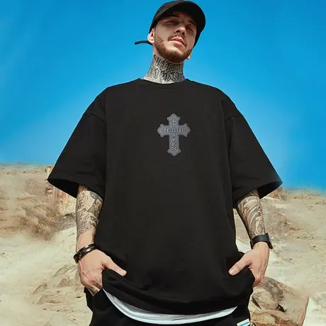 2023新款国潮简约t恤胖子男潮ins短袖潮牌宽松夏季大码五分半截袖商品大图