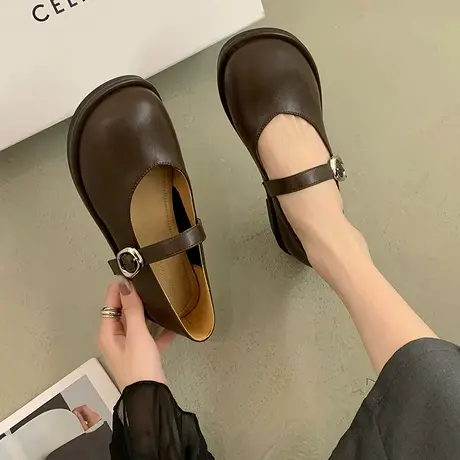 单鞋女平底复古风晚晚鞋2023年新款夏季网红豆豆鞋玛丽珍浅口女鞋商品大图