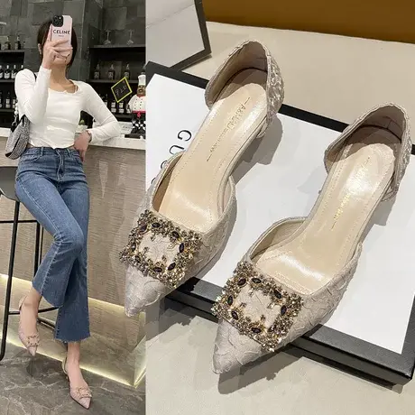 2023四季方扣软皮包头凉鞋懒人中跟百搭性感中空细跟猫跟单鞋图片