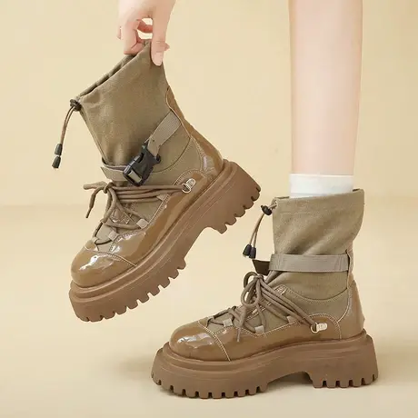 厚底工装风短靴马丁靴女2023新款时尚抽绳拼接粗跟户外露营登山靴商品大图