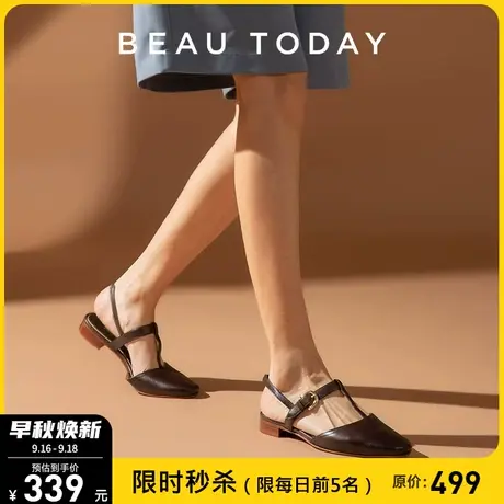 BeauToday夏季真皮粗跟一字扣时装凉鞋女鞋包头复古法式英伦单鞋商品大图