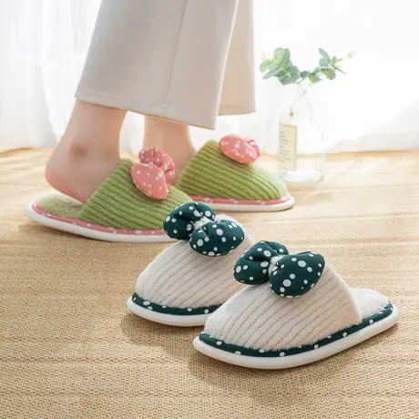 蝴蝶结毛绒棉拖鞋女秋冬季可爱防滑软底室内家居保暖毛绒包头拖鞋商品大图