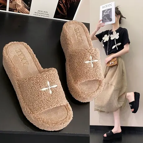 网红毛毛拖鞋女秋冬2024新款外穿松糕厚底一字棉拖加绒毛毛鞋百搭商品大图