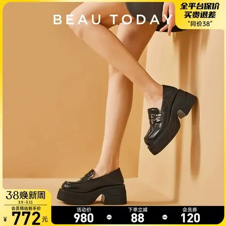 BeauToday厚底乐福鞋女BT英伦风小皮鞋春季真皮高跟方头单鞋真皮商品大图