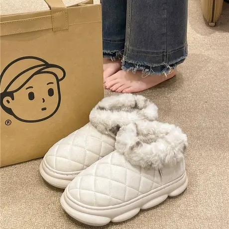 加绒棉拖鞋女冬季时尚菱格纹包跟保暖高帮棉鞋外穿防滑厚底雪地靴商品大图