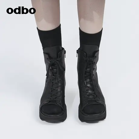 odbo/欧迪比欧时尚高级感厚底增高牛皮马丁靴女春季新款百搭凉靴商品大图