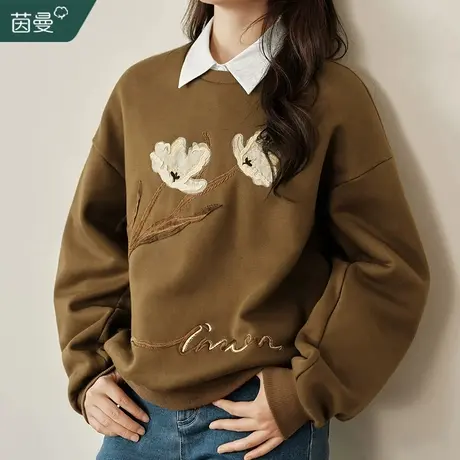 茵曼加绒圆领卫衣女2024春季新款长袖宽松显瘦摇粒绒外套套头上衣图片