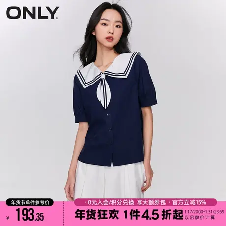 ONLY2023冬季新款学院风泡泡袖领结大翻领短袖衬衫女|123204001商品大图