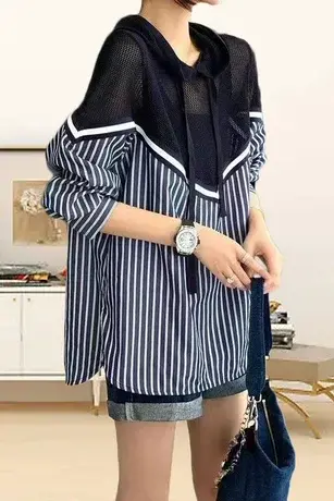 2023新款假两件针织衬衫女秋季新款长袖连帽镂空拼接条纹套头上衣商品大图