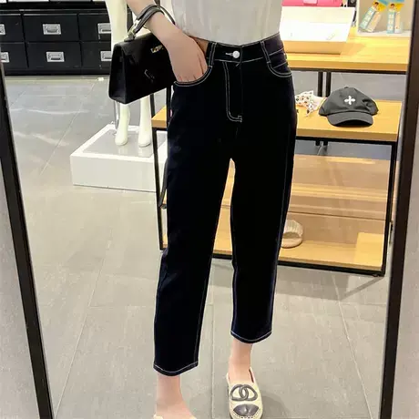 复古港风贴标九分牛仔裤女2023年秋新款高腰显瘦小个子直筒老爹裤图片