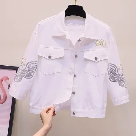 亮片韩版休闲粉色字母牛仔上衣翻领七分袖大口袋外套女时尚百搭潮商品大图