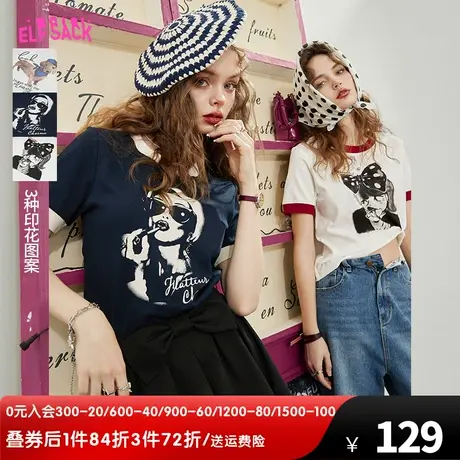 妖精的口袋复古印花正肩短袖t恤女2023夏新款修身短款小个子上衣商品大图