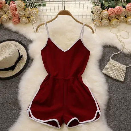 欧美ins设计感吊带连体裤女夏装2022新款修身运动风瑜伽休闲短裤商品大图