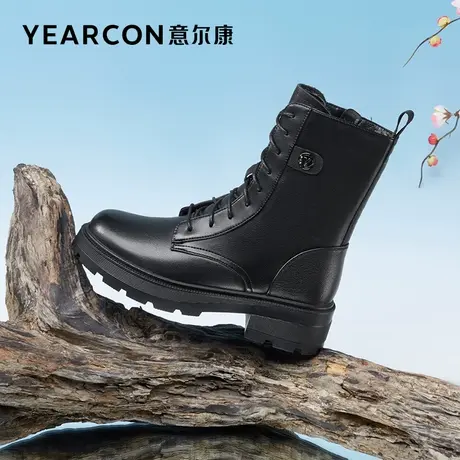 意尔康女鞋2023年新款冬季加绒短靴真皮马丁靴女厚底加绒中筒靴子商品大图