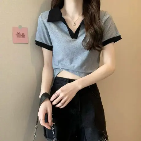 撞色拼接Polo领正肩T恤女ins潮夏短款新款设计感小众短袖辣妹上衣商品大图