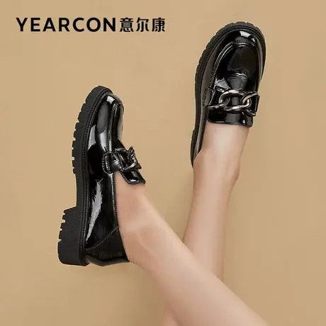 意尔康女鞋2023春季新款亮面乐福鞋女JK单鞋厚底休闲一脚蹬小皮鞋商品大图