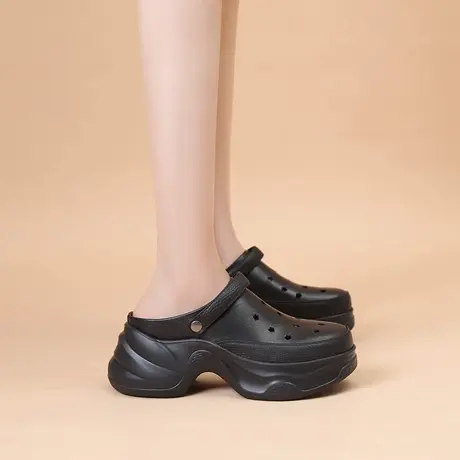 VME/舞魅头层牛皮夏款厚底增高洞洞鞋女牛皮革百搭包头凉鞋拖鞋图片