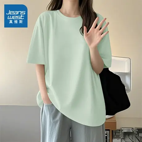 NOB真维斯纯棉宽松短袖t恤女2025新款夏日流行小个子正肩半袖上衣商品大图