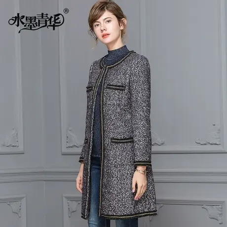 水墨青华冬季新品中长款过膝百搭外套女时尚显瘦毛呢保暖大衣图片