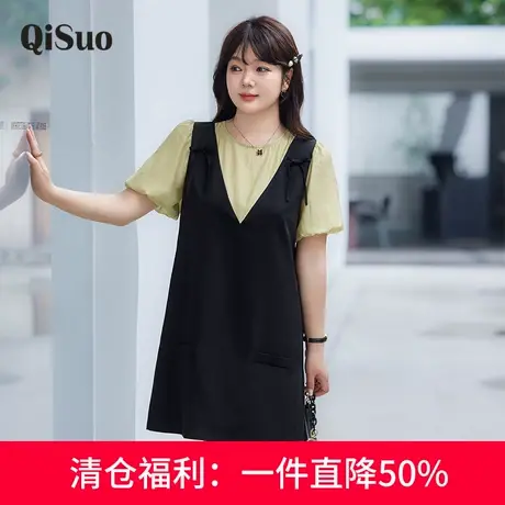 绮娑大码女装连衣裙显瘦胖MM夏季新款宽松遮肉直筒假两件休闲裙子商品大图