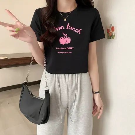 唐狮紧身小衫辣妹宽松短款上衣洋气短袖T恤女春秋季樱桃印花图片