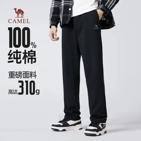 骆驼男装休闲针织裤男士2025新款秋季纯棉黑色直筒弹力运动长裤子商品大图