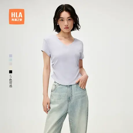 HLA/海澜之家休闲时尚短袖微弹T恤2025春夏季新款V领透气短t女装商品大图
